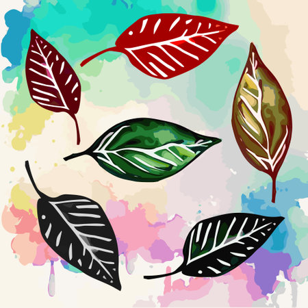 An Illustration of colored leaves on a light watercolor backgroundのイラスト素材