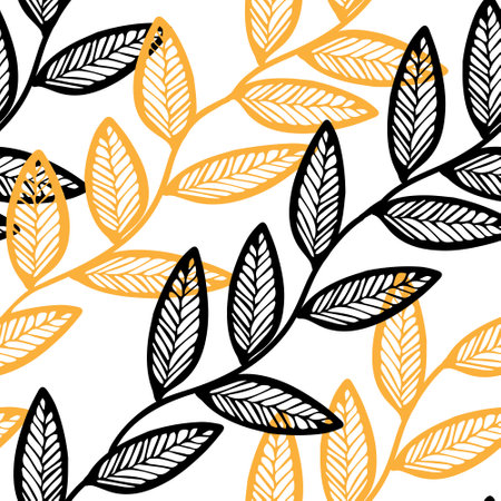 A Vector Illustration of black and yellow doodle leaves isolated on a white background, Seamless diagonal patternのイラスト素材