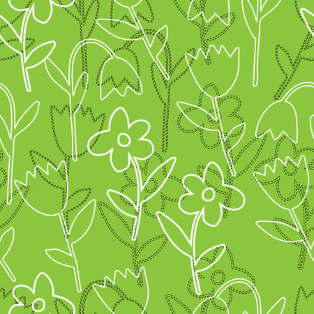 A Vector black and white illustration of bouquet bell and tulip flowers with leaves isolated on a green background. seamless patternのイラスト素材
