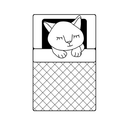 Hand drawn black vector illustration a portrait of a beautiful fun adult young cat sleeping in a bed on a white backgroundのイラスト素材