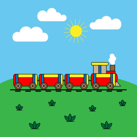 Beautiful colored vector illustration of toy train with three wagons on a summer day background for cover coloring book for childrenのイラスト素材