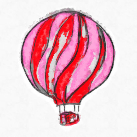 A Beautiful hand-drawn illustration of a red balloon with a basket isolated on a white backgroundの写真素材