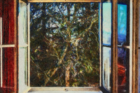 An illustration of open window in the autumn morning. Forest viewの写真素材