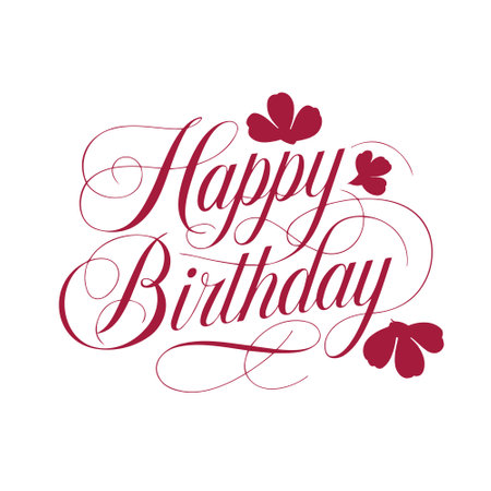 Vector illustration of a red calligraphy text lettering Happy birthday with red flowers on a white backgroundのイラスト素材