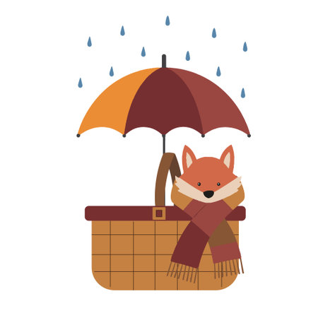 An Orange vector illustration of a beautiful adult young funny fox in a basket in a scarf with an umbrella in a rainy autumn isolated on a white backgroundのイラスト素材