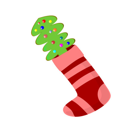 Beautiful hand drawn fashion red and pink vector illustration of the Knitted Christmas Sock with a fir tree isolated on a white backgroundのイラスト素材