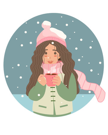 Vector illustration of a girl holding a cup of hot tea in winterのイラスト素材