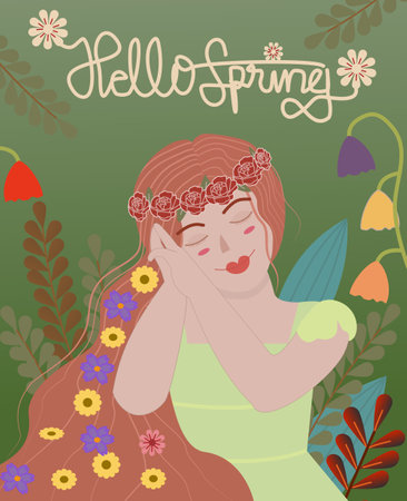 A red-haired girl with a cascade of flowers, flat art design, isolated, 
 hello springのイラスト素材