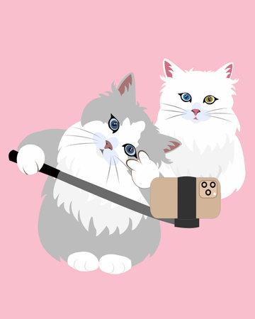Two cats with a camera doing selfie on a pink background. Vector illustration.のイラスト素材