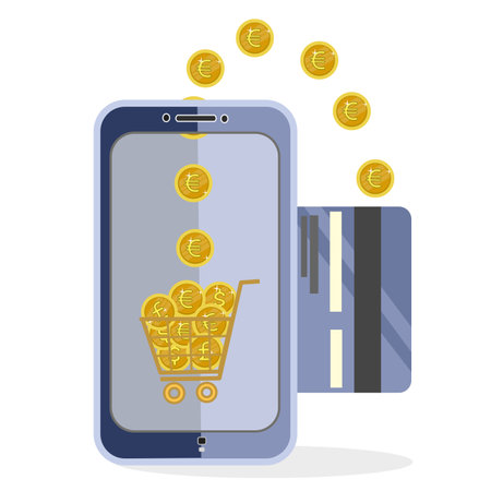 Smartphone with coins and credit card. Online shopping concept. Vector illustrationのイラスト素材