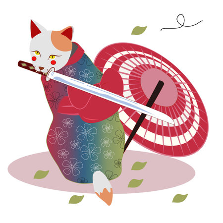Japanese kawaii cat with umbrella and katana. Vector illustration.のイラスト素材
