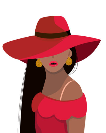 African American woman in red hat. Vector illustration in flat styleのイラスト素材