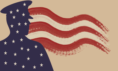 Vector illustration of a silhouette of a soldier on a background of the American flag. suitable for veterans day memorialのイラスト素材
