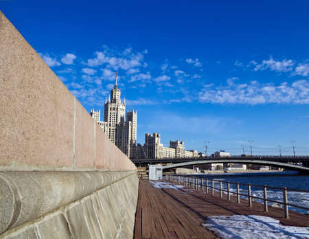 high-altitude apartment house on quay of river Moskva  in the spring 2011の写真素材