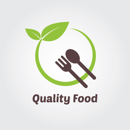Circle green logo with leafs. Organic green fresh and clean food. Vector illustration flat logo design.のイラスト素材