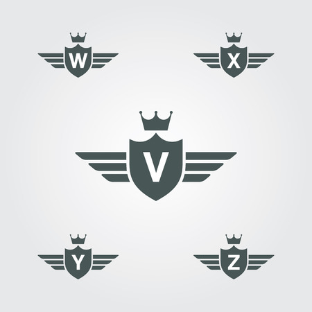 Shield With Wings And Crown Vector Logo Template - Letter V, W, X, Y, Z . Victory Logo.のイラスト素材