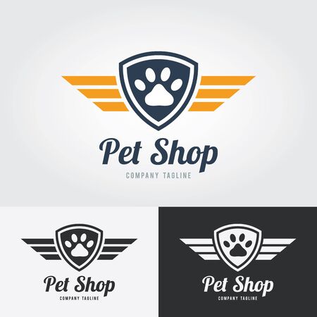 Pet shop logo template. Animal paw print Icon with shield and wings. Vector for pet shop, hotel, vet clinic.のイラスト素材