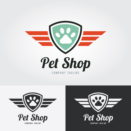 Pet shop logo template. Animal paw print Icon with shield and wings. Vector for pet shop, hotel, vet clinic.のイラスト素材