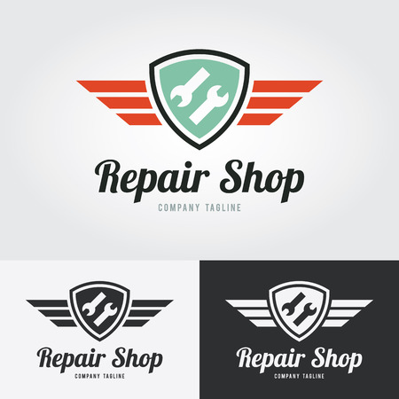 Repair icon, Repair logo with shield and wings. Vector Illustration. Creative graphic design logo element. Logo for Repair shop.のイラスト素材