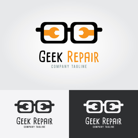 Geek Repair Logo. Logotype for repair or service and maintenance business. Corporate icon template with glasses and tools.のイラスト素材