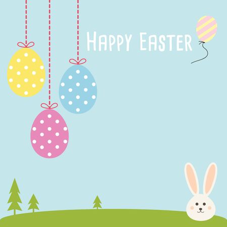 Happy Easter greeting card with easter eggs,  easter bunny. Easter rabbit with blue sky lawn and landscape.のイラスト素材