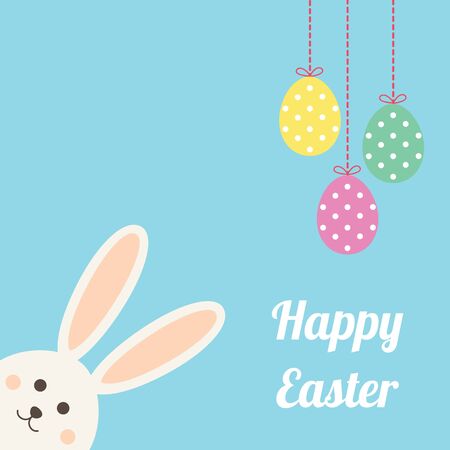 Happy Easter greeting card with easter eggs, easter bunny. Easter rabbit with blue sky lawn and landscape.のイラスト素材