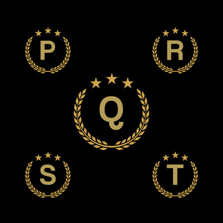 Golden star Laurel wreath. Laurel wreath logo icon with capital alphabet letters. Design template elements - Letter P, Q, R, S, Tのイラスト素材