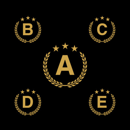 Golden star Laurel wreath. Laurel wreath logo icon with capital alphabet letters. Design template elements - Letter A, B, C, D, Eのイラスト素材