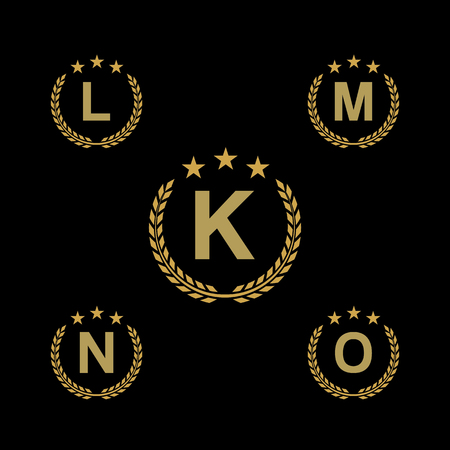 Golden star Laurel wreath. Laurel wreath logo icon with capital alphabet letters. Design template elements - Letter K, L, M, N, Oのイラスト素材