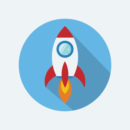 Rocket flat design concept for Project start up and development process.Space rocketship launch.Flying rocket space for business innovation product,creative idea and management.のイラスト素材
