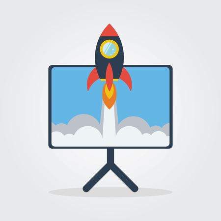 Business Rocket Bar Chart Stats icon design. Success and business growth. concept. Rocket flying on chart.のイラスト素材