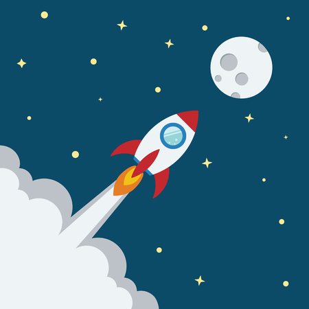 Rocket flat design concept for Project start up and development process.Space rocketship launch.Flying rocket space travel to the moon for business innovation product,creative idea and management.のイラスト素材