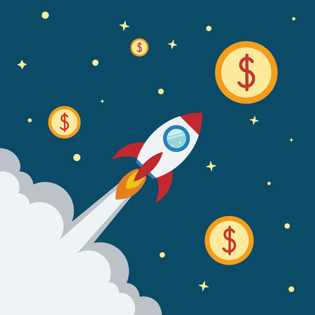 Rocket flat design concept for Project start up and development process.Space rocketship launch.Flying rocket space travel with money/coin for business innovation product,creative idea and management.のイラスト素材