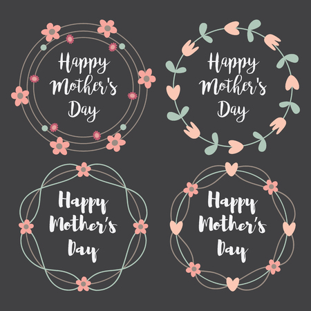 Happy Mothers Day with flowers greeting card set. Laurel, Floral wreath, Flower Frames hand drawn for wedding invitation. Mother's Day Calligraphy Vintage style on Chalkboard background with Heart.のイラスト素材