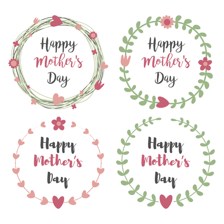 Happy Mothers Day with flowers greeting card set. Laurel, Floral wreath, Flower Frames for wedding invitation.Mother's Day Calligraphy Vintage style with Heart.のイラスト素材