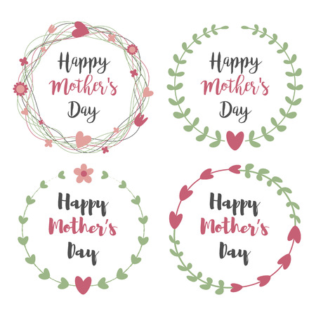 Happy Mothers Day with flowers greeting card set. Laurel, Floral wreath, Flower Frames for wedding invitation.Mother's Day Calligraphy Vintage style with Heart.のイラスト素材