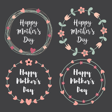 Happy Mothers Day with flowers greeting card set. Laurel, Floral wreath, Flower Frames hand drawn for wedding invitation. Mother's Day Calligraphy Vintage style on Chalkboard background with Heart.のイラスト素材