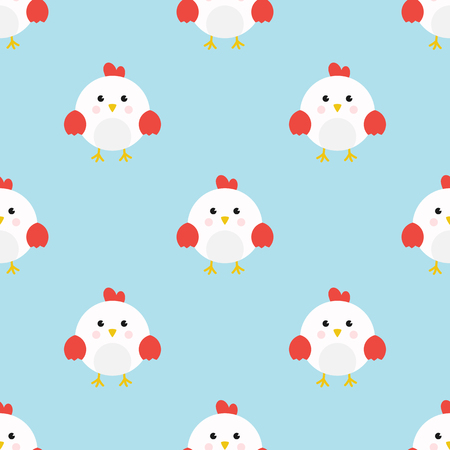 Cute chicken/Rooster cartoon character Seamless pattern. White chicken standing on sky blue sky background. Flat design vector illustration for greeting, invitation card.のイラスト素材