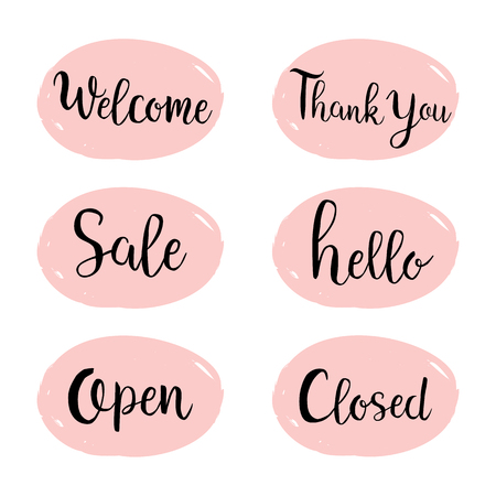 Set of hand drawn watercolor labels and badges for shopping sale, discounts, e-commerce and other promotion. Shopping Calligraphy Brush lettering with pink hand drawn circle background.のイラスト素材