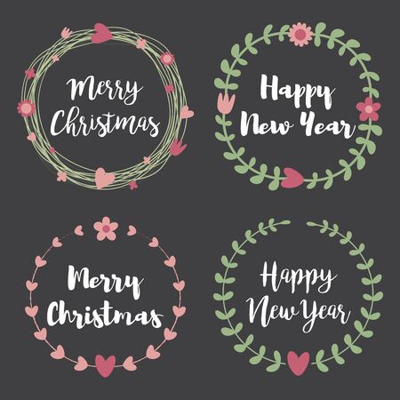 Christmas Labels and Badges. Set of floral wreath frame for Merry Christmas and Happy New Year invitations, birthday cards, calligraphic letters, Emblem and label.のイラスト素材