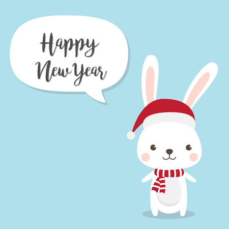 Happy New Year and Merry Christmas invitation card Rabbit cartoon character. A Cute Rabbit standing on blue background. Flat design Vector illustration. のイラスト素材