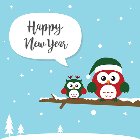 Merry Christmas and Happy New Year card. Cute Christmas Owls sitting on the branch wearing Santa Claus's hat Flat design.のイラスト素材