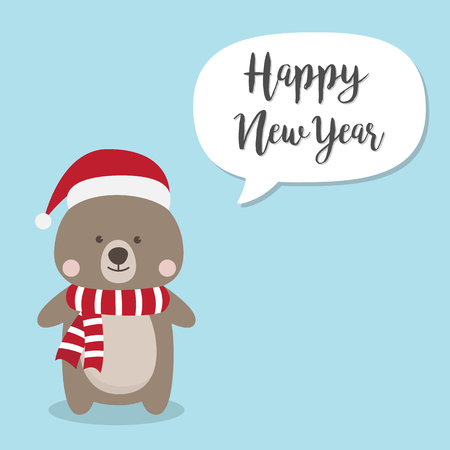 Happy New Year and Christmas Bear cartoon character, A Cute Brown Teddy Bear with santa claus hat vector illustration for kids, children's book, fairy tales, covers, baby shower invitation, card or party flag.のイラスト素材