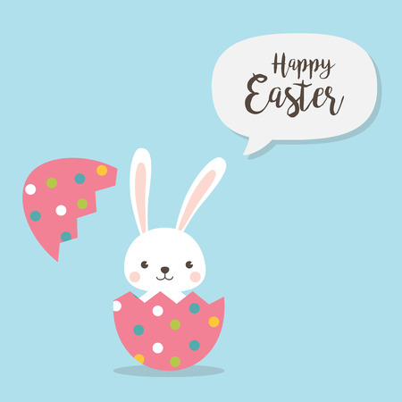 Happy Easter Bunny. Vector illustration for Easter greeting card, invitation with white cute rabbit on sky blue background.のイラスト素材