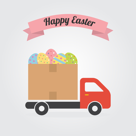 Delivery truck with colorful Decorated Easter Eggs vector illustration flat design for Easter day and Happy Easter Cards.のイラスト素材
