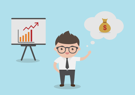 Businessman present Business concept. A Young Businessman with Profit graph on flip chart.のイラスト素材