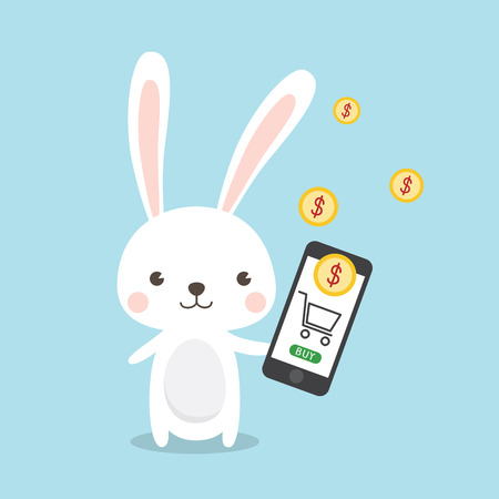 Rabbit Cartoon Character Online shopping concept. A Cute Bunny transferring money with smartphone. Mobile money transfers .のイラスト素材