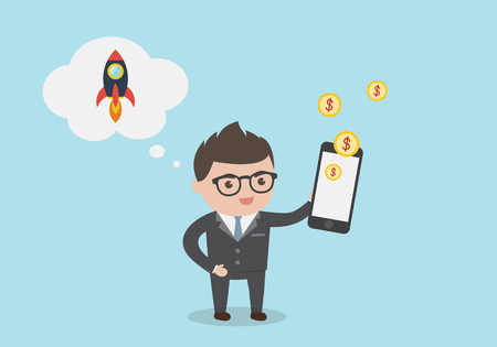 Businessman with Mobile Phone - Make Money Online. A Young Businessman holding smartphone cartoon for Business start up  Concept.のイラスト素材