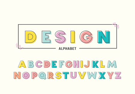 Colorful Alphabet Memphis Style with geometric punchy pastel color. Typeface Font Design for Birthday, Wedding, Baby shower invitation.のイラスト素材