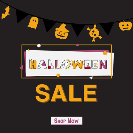 Happy Halloween Sale Banner with lettering. Geometric font in memphis style 80s-90s design vector illistration.のイラスト素材